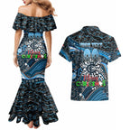 Merry Christmas AFL Carlton Blues Couples Matching Mermaid Dress and Hawaiian Shirt Aboriginal Santa Football Mascot