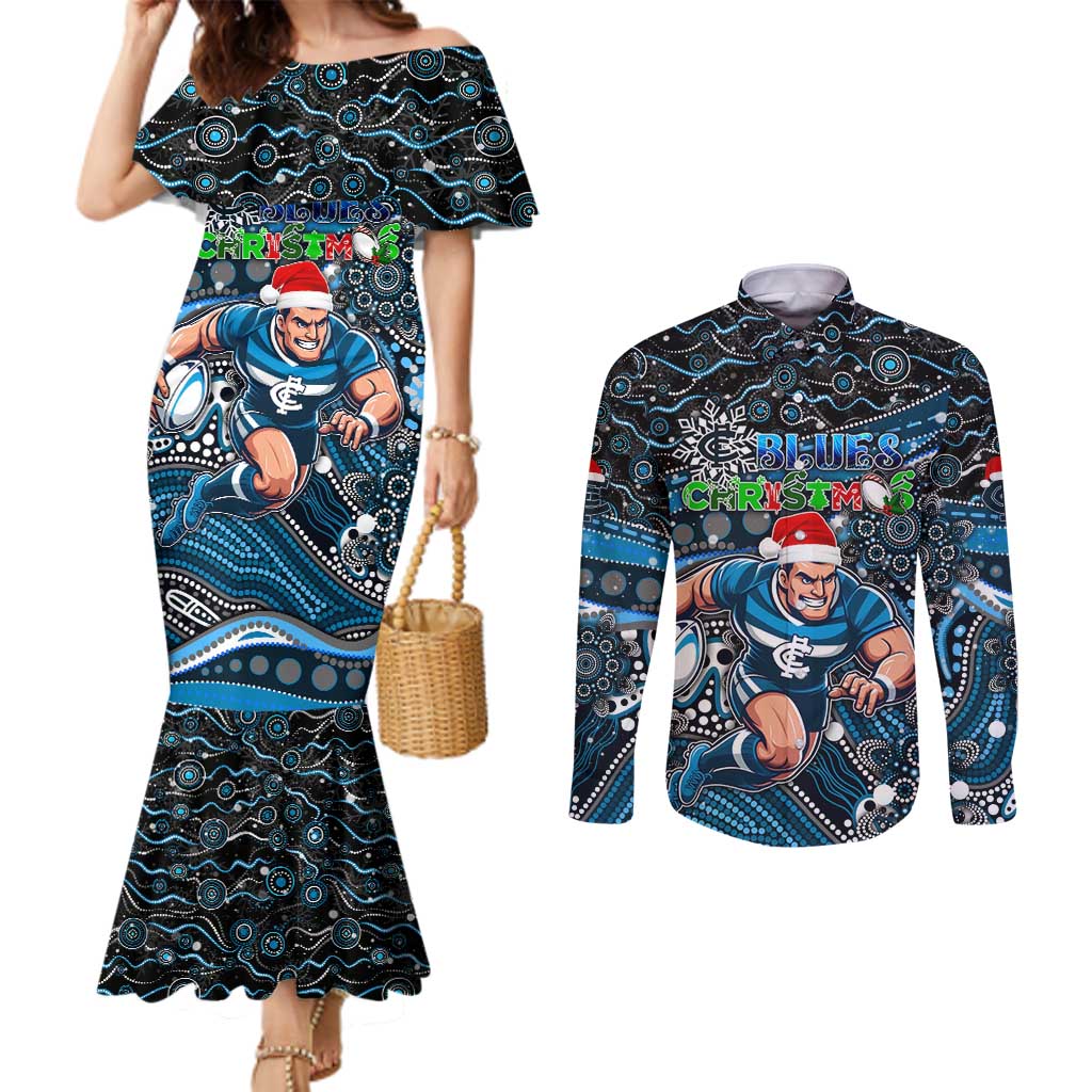 Merry Christmas AFL Carlton Blues Couples Matching Mermaid Dress and Long Sleeve Button Shirt Aboriginal Santa Football Mascot