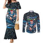 Merry Christmas AFL Carlton Blues Couples Matching Mermaid Dress and Long Sleeve Button Shirt Aboriginal Santa Football Mascot