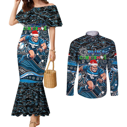 Merry Christmas AFL Carlton Blues Couples Matching Mermaid Dress and Long Sleeve Button Shirt Aboriginal Santa Football Mascot