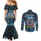 Merry Christmas AFL Carlton Blues Couples Matching Mermaid Dress and Long Sleeve Button Shirt Aboriginal Santa Football Mascot