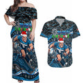 Merry Christmas AFL Carlton Blues Couples Matching Off Shoulder Maxi Dress and Hawaiian Shirt Aboriginal Santa Football Mascot