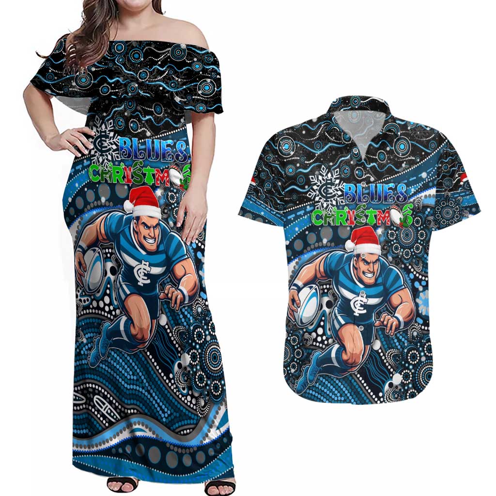 Merry Christmas AFL Carlton Blues Couples Matching Off Shoulder Maxi Dress and Hawaiian Shirt Aboriginal Santa Football Mascot