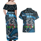 Merry Christmas AFL Carlton Blues Couples Matching Off Shoulder Maxi Dress and Hawaiian Shirt Aboriginal Santa Football Mascot