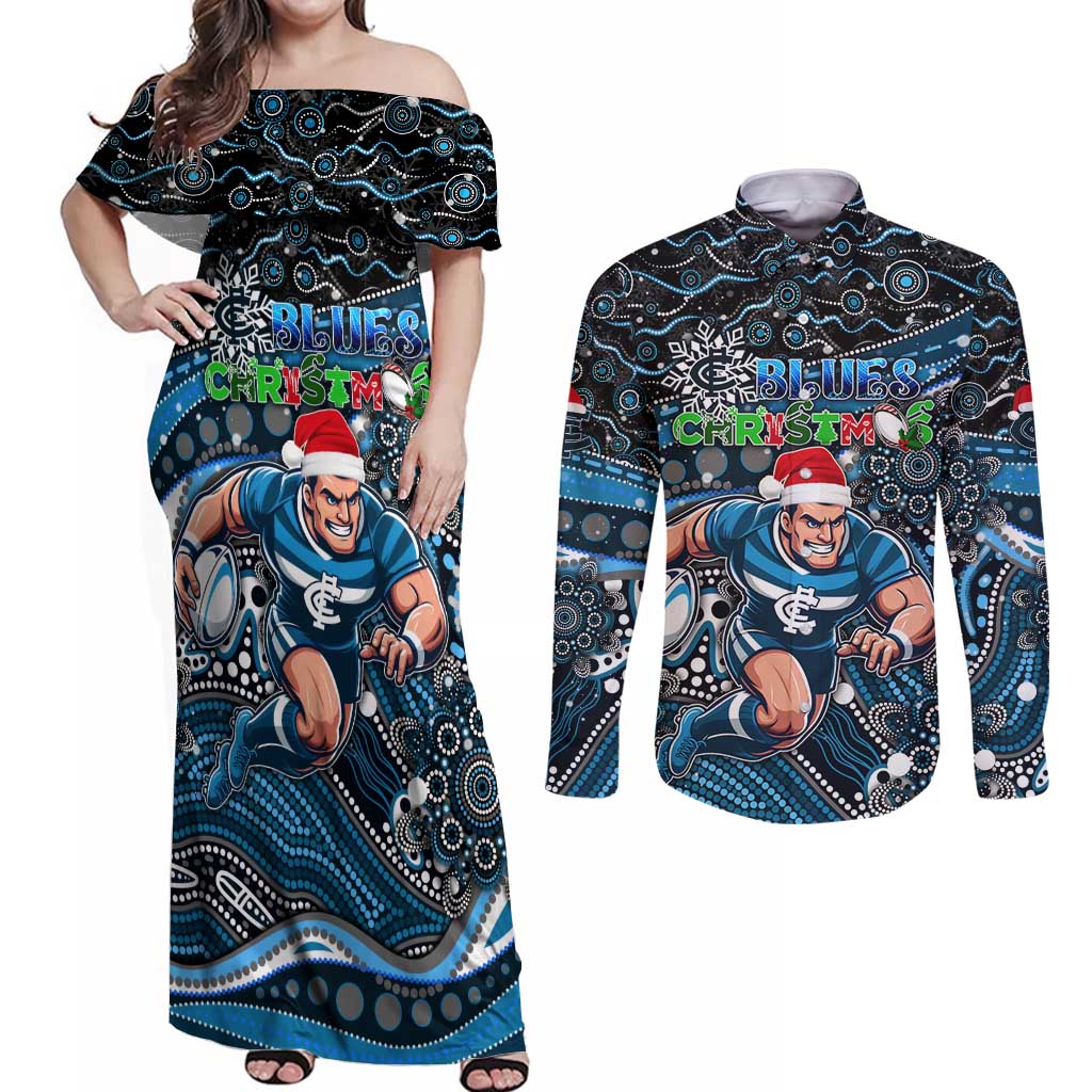 Merry Christmas AFL Carlton Blues Couples Matching Off Shoulder Maxi Dress and Long Sleeve Button Shirt Aboriginal Santa Football Mascot