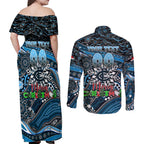 Merry Christmas AFL Carlton Blues Couples Matching Off Shoulder Maxi Dress and Long Sleeve Button Shirt Aboriginal Santa Football Mascot