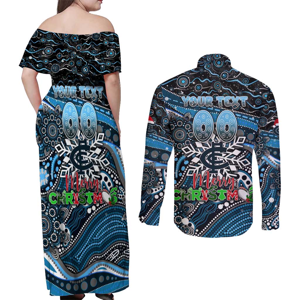 Merry Christmas AFL Carlton Blues Couples Matching Off Shoulder Maxi Dress and Long Sleeve Button Shirt Aboriginal Santa Football Mascot