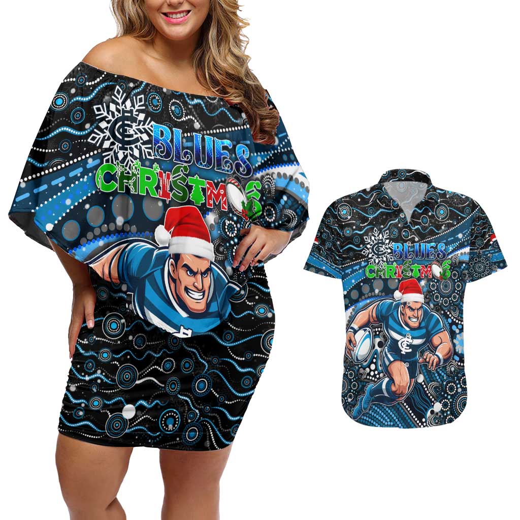 Merry Christmas AFL Carlton Blues Couples Matching Off Shoulder Short Dress and Hawaiian Shirt Aboriginal Santa Football Mascot