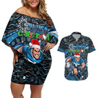 Merry Christmas AFL Carlton Blues Couples Matching Off Shoulder Short Dress and Hawaiian Shirt Aboriginal Santa Football Mascot
