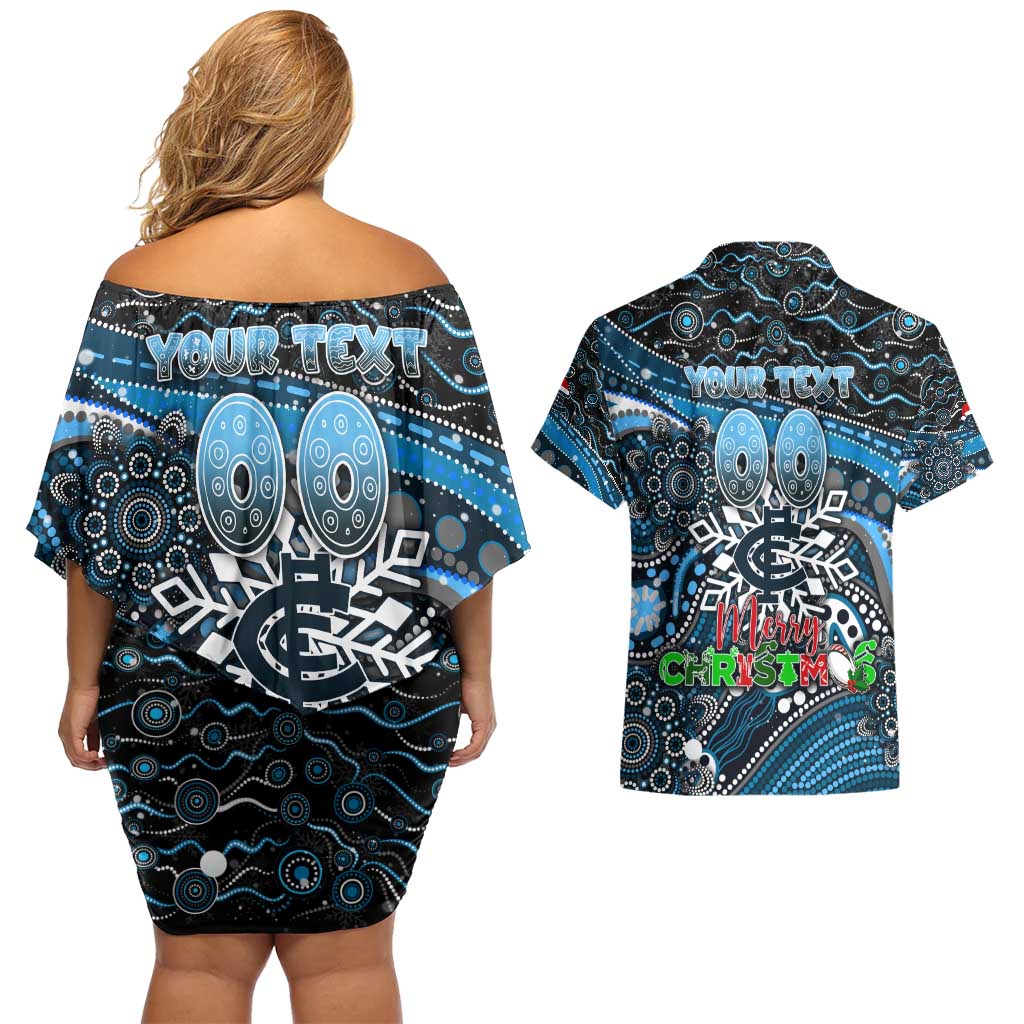 Merry Christmas AFL Carlton Blues Couples Matching Off Shoulder Short Dress and Hawaiian Shirt Aboriginal Santa Football Mascot