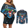Merry Christmas AFL Carlton Blues Couples Matching Off Shoulder Short Dress and Long Sleeve Button Shirt Aboriginal Santa Football Mascot