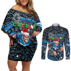 Merry Christmas AFL Carlton Blues Couples Matching Off Shoulder Short Dress and Long Sleeve Button Shirt Aboriginal Santa Football Mascot