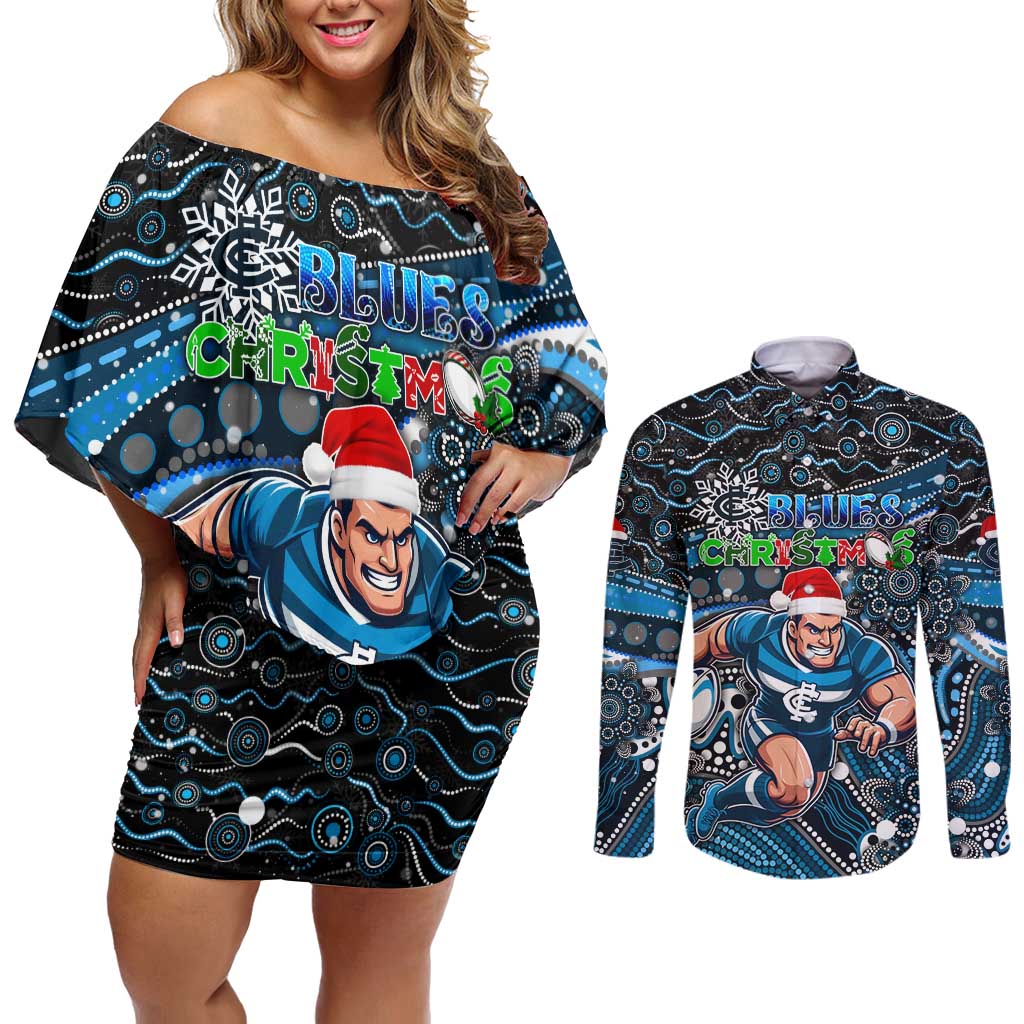 Merry Christmas AFL Carlton Blues Couples Matching Off Shoulder Short Dress and Long Sleeve Button Shirt Aboriginal Santa Football Mascot