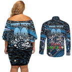 Merry Christmas AFL Carlton Blues Couples Matching Off Shoulder Short Dress and Long Sleeve Button Shirt Aboriginal Santa Football Mascot