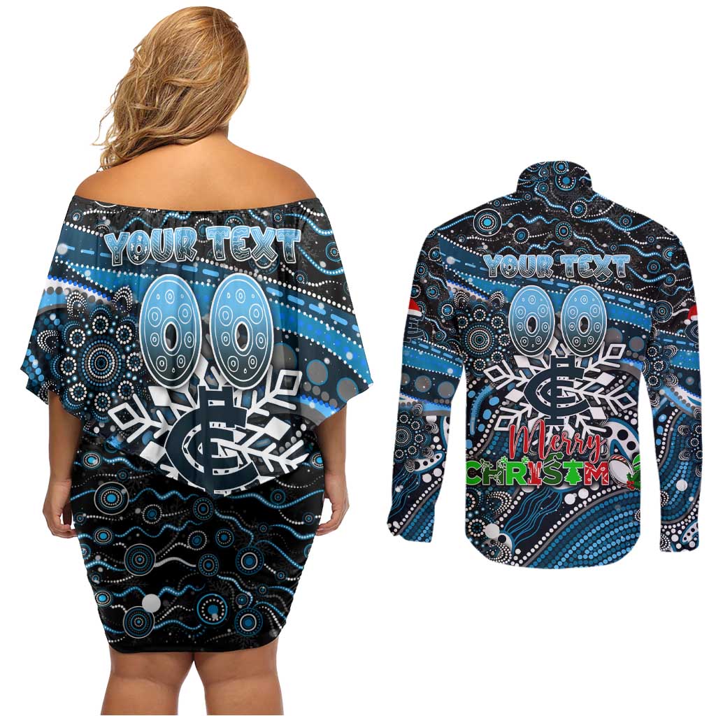 Merry Christmas AFL Carlton Blues Couples Matching Off Shoulder Short Dress and Long Sleeve Button Shirt Aboriginal Santa Football Mascot