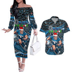 Merry Christmas AFL Carlton Blues Couples Matching Off The Shoulder Long Sleeve Dress and Hawaiian Shirt Aboriginal Santa Football Mascot