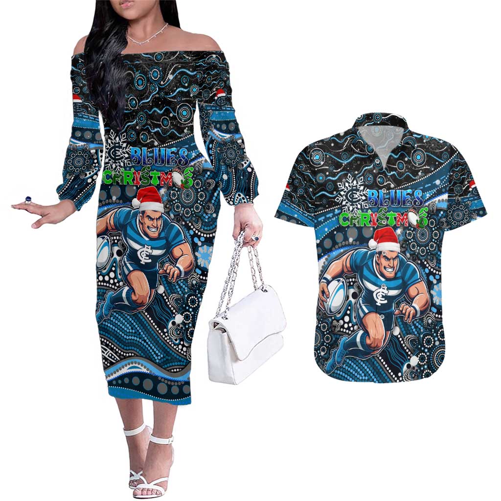 Merry Christmas AFL Carlton Blues Couples Matching Off The Shoulder Long Sleeve Dress and Hawaiian Shirt Aboriginal Santa Football Mascot