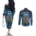 Merry Christmas AFL Carlton Blues Couples Matching Off The Shoulder Long Sleeve Dress and Long Sleeve Button Shirt Aboriginal Santa Football Mascot