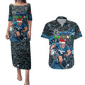 Merry Christmas AFL Carlton Blues Couples Matching Puletasi and Hawaiian Shirt Aboriginal Santa Football Mascot