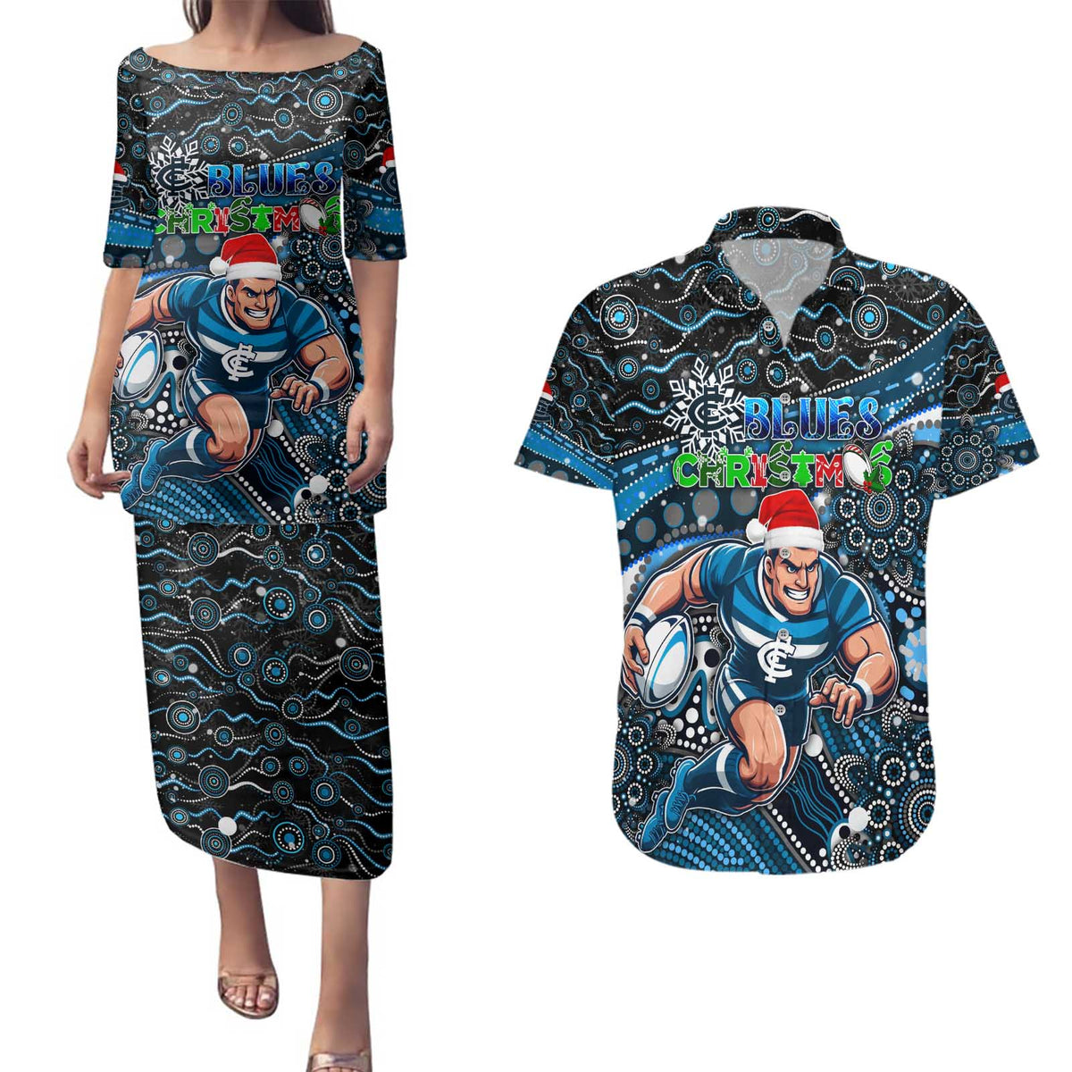 Merry Christmas AFL Carlton Blues Couples Matching Puletasi and Hawaiian Shirt Aboriginal Santa Football Mascot