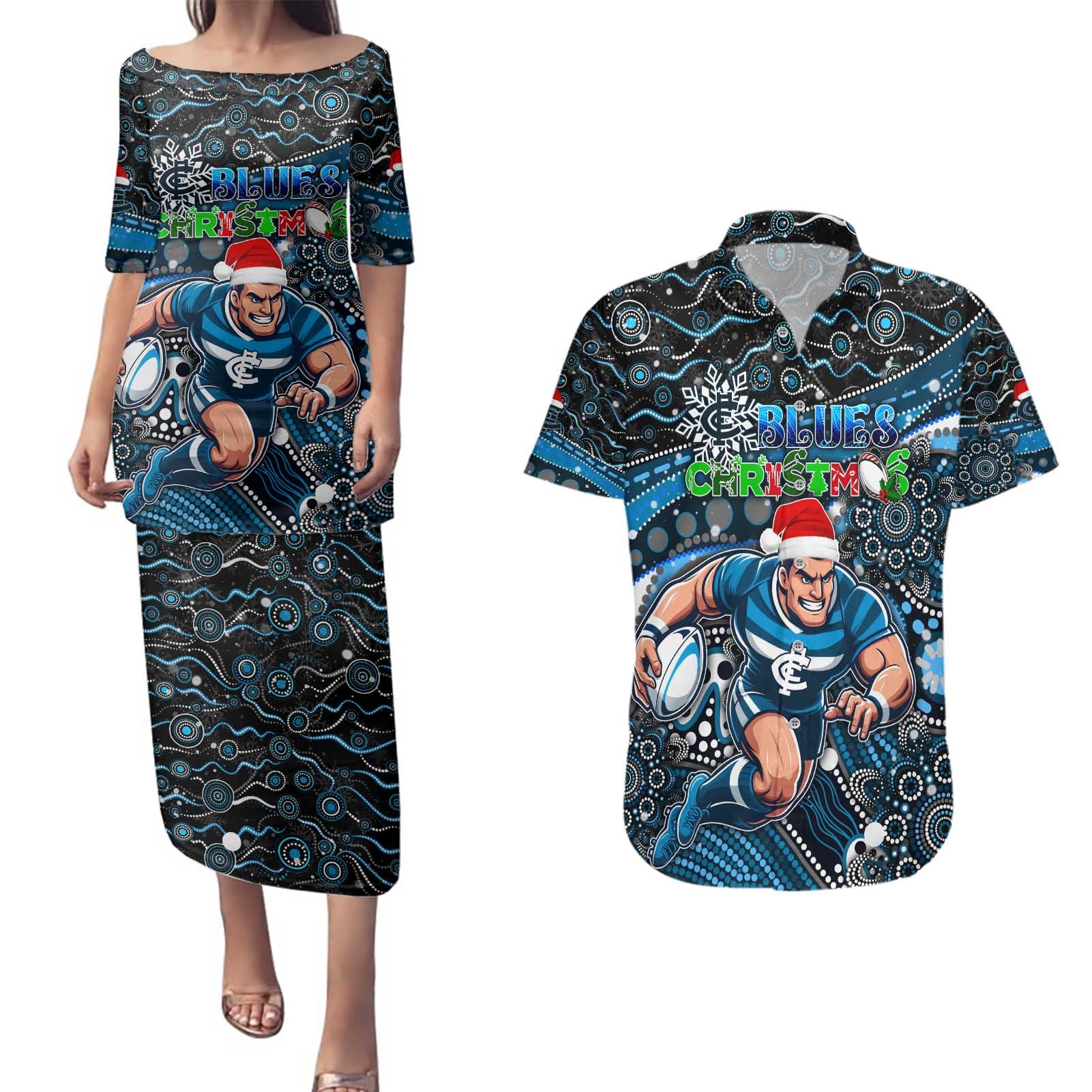 Merry Christmas AFL Carlton Blues Couples Matching Puletasi and Hawaiian Shirt Aboriginal Santa Football Mascot