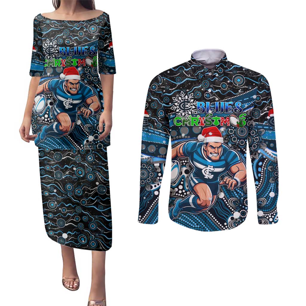 Merry Christmas AFL Carlton Blues Couples Matching Puletasi and Long Sleeve Button Shirt Aboriginal Santa Football Mascot