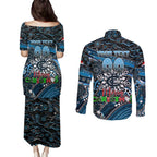 Merry Christmas AFL Carlton Blues Couples Matching Puletasi and Long Sleeve Button Shirt Aboriginal Santa Football Mascot