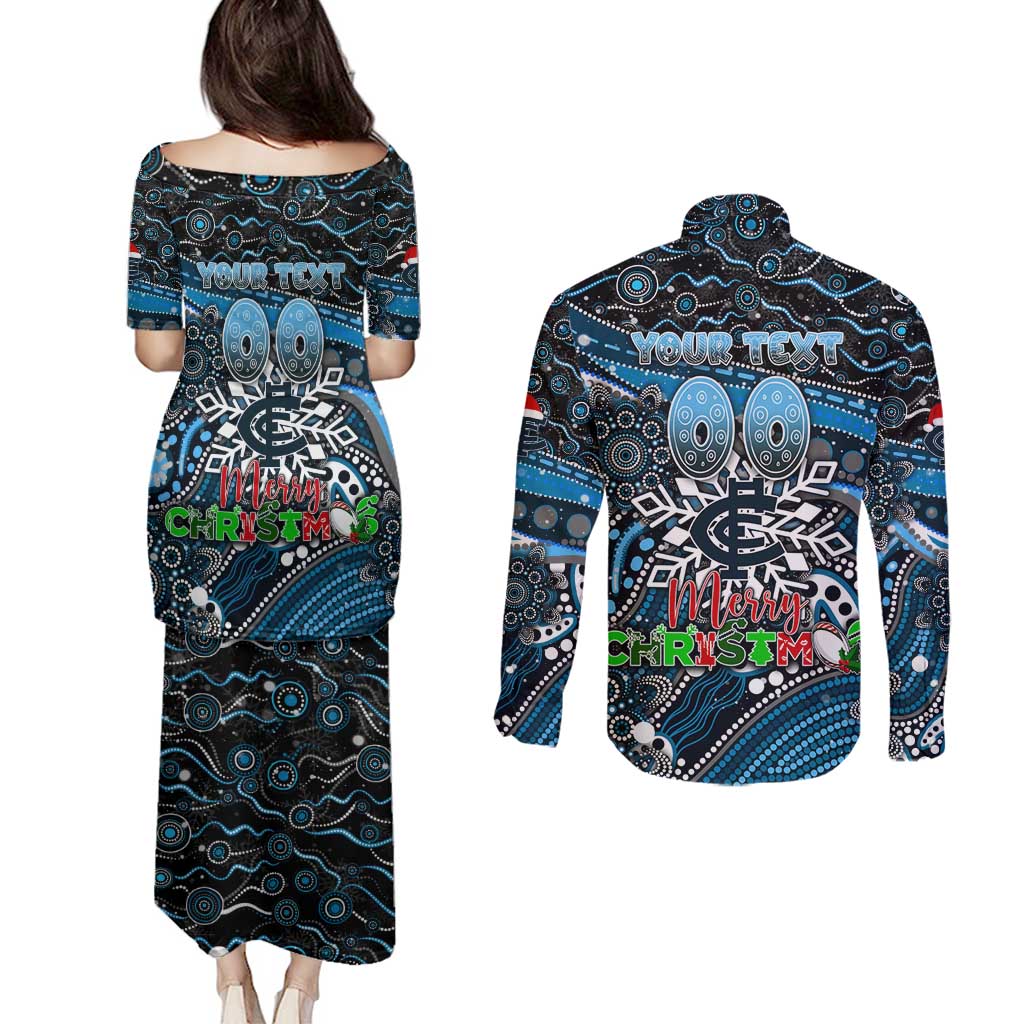 Merry Christmas AFL Carlton Blues Couples Matching Puletasi and Long Sleeve Button Shirt Aboriginal Santa Football Mascot