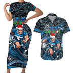 Merry Christmas AFL Carlton Blues Couples Matching Short Sleeve Bodycon Dress and Hawaiian Shirt Aboriginal Santa Football Mascot