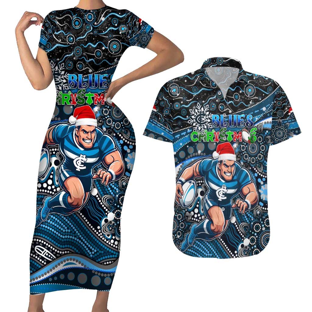 Merry Christmas AFL Carlton Blues Couples Matching Short Sleeve Bodycon Dress and Hawaiian Shirt Aboriginal Santa Football Mascot