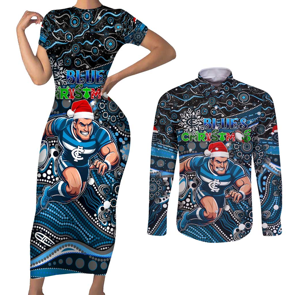 Merry Christmas AFL Carlton Blues Couples Matching Short Sleeve Bodycon Dress and Long Sleeve Button Shirt Aboriginal Santa Football Mascot