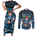 Merry Christmas AFL Carlton Blues Couples Matching Short Sleeve Bodycon Dress and Long Sleeve Button Shirt Aboriginal Santa Football Mascot