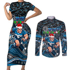 Merry Christmas AFL Carlton Blues Couples Matching Short Sleeve Bodycon Dress and Long Sleeve Button Shirt Aboriginal Santa Football Mascot