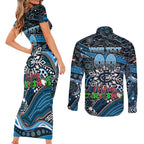 Merry Christmas AFL Carlton Blues Couples Matching Short Sleeve Bodycon Dress and Long Sleeve Button Shirt Aboriginal Santa Football Mascot