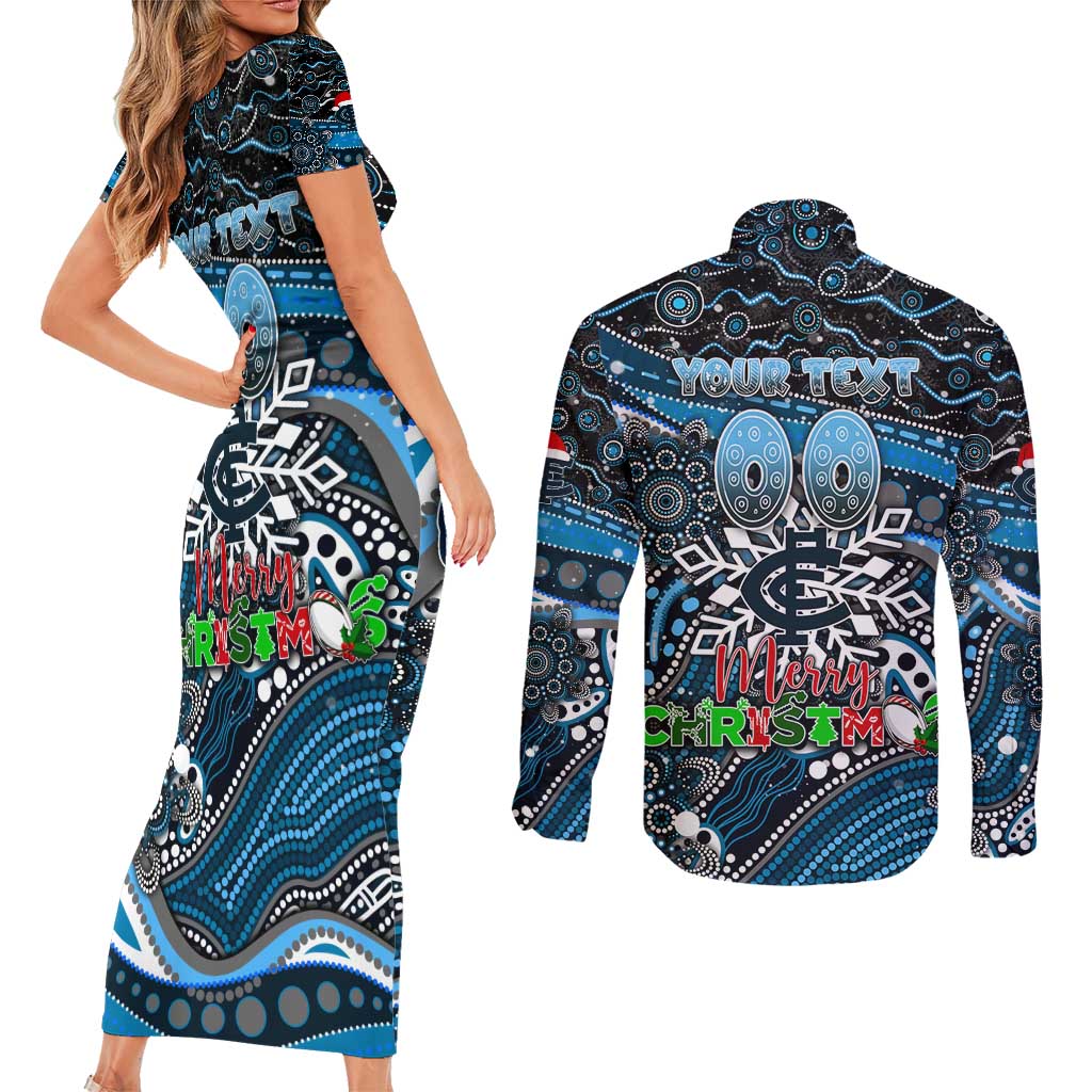Merry Christmas AFL Carlton Blues Couples Matching Short Sleeve Bodycon Dress and Long Sleeve Button Shirt Aboriginal Santa Football Mascot