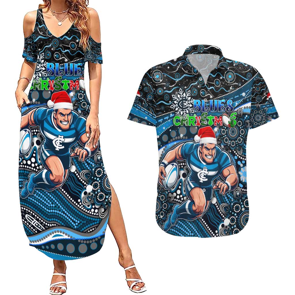 Merry Christmas AFL Carlton Blues Couples Matching Summer Maxi Dress and Hawaiian Shirt Aboriginal Santa Football Mascot