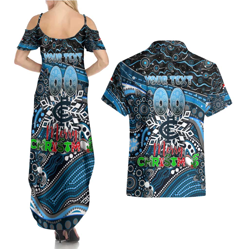 Merry Christmas AFL Carlton Blues Couples Matching Summer Maxi Dress and Hawaiian Shirt Aboriginal Santa Football Mascot