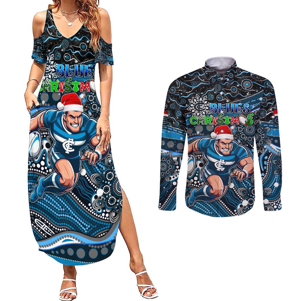Merry Christmas AFL Carlton Blues Couples Matching Summer Maxi Dress and Long Sleeve Button Shirt Aboriginal Santa Football Mascot