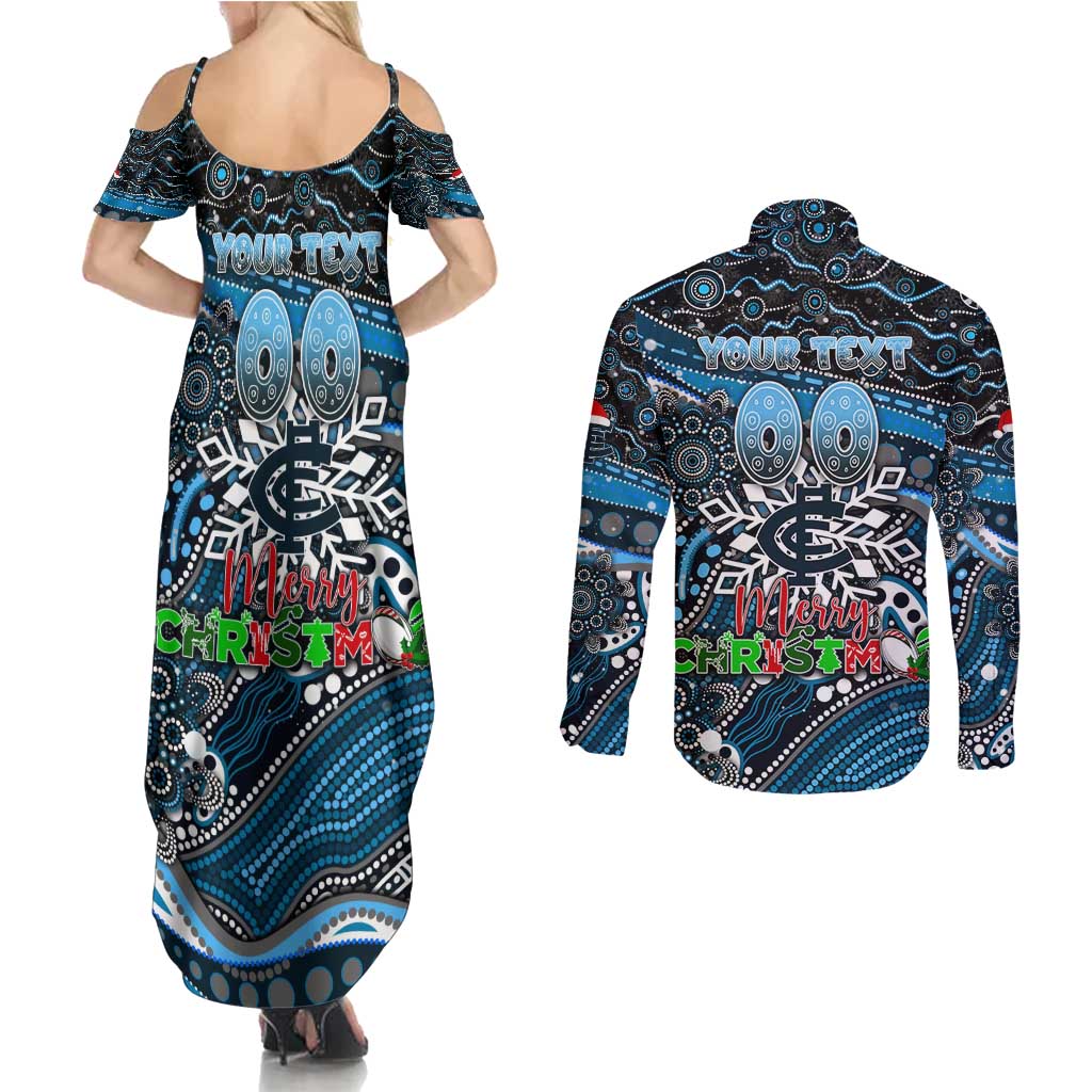 Merry Christmas AFL Carlton Blues Couples Matching Summer Maxi Dress and Long Sleeve Button Shirt Aboriginal Santa Football Mascot