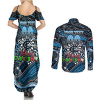 Merry Christmas AFL Carlton Blues Couples Matching Summer Maxi Dress and Long Sleeve Button Shirt Aboriginal Santa Football Mascot
