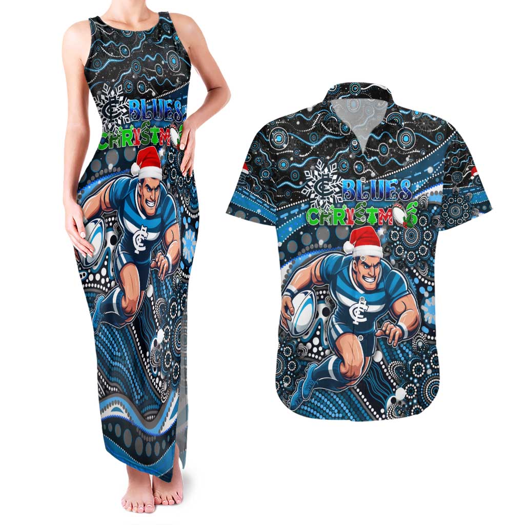 Merry Christmas AFL Carlton Blues Couples Matching Tank Maxi Dress and Hawaiian Shirt Aboriginal Santa Football Mascot
