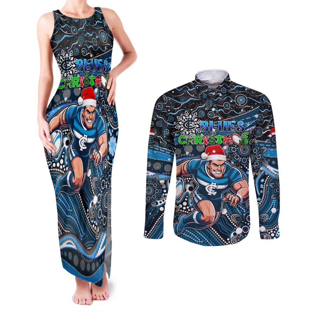 Merry Christmas AFL Carlton Blues Couples Matching Tank Maxi Dress and Long Sleeve Button Shirt Aboriginal Santa Football Mascot