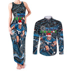 Merry Christmas AFL Carlton Blues Couples Matching Tank Maxi Dress and Long Sleeve Button Shirt Aboriginal Santa Football Mascot