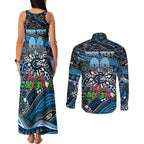 Merry Christmas AFL Carlton Blues Couples Matching Tank Maxi Dress and Long Sleeve Button Shirt Aboriginal Santa Football Mascot