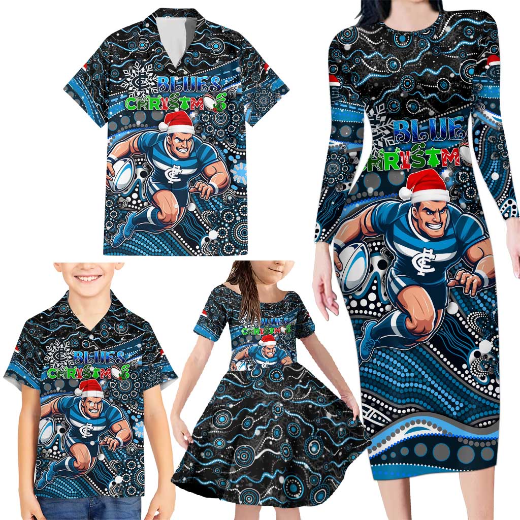 Merry Christmas AFL Carlton Blues Family Matching Long Sleeve Bodycon Dress and Hawaiian Shirt Aboriginal Santa Football Mascot