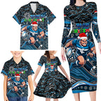 Merry Christmas AFL Carlton Blues Family Matching Long Sleeve Bodycon Dress and Hawaiian Shirt Aboriginal Santa Football Mascot