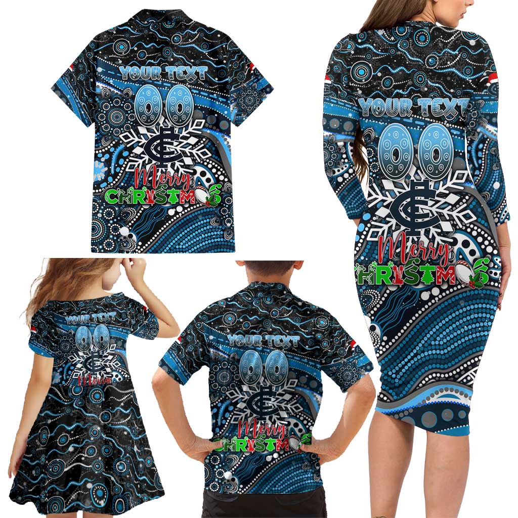 Merry Christmas AFL Carlton Blues Family Matching Long Sleeve Bodycon Dress and Hawaiian Shirt Aboriginal Santa Football Mascot