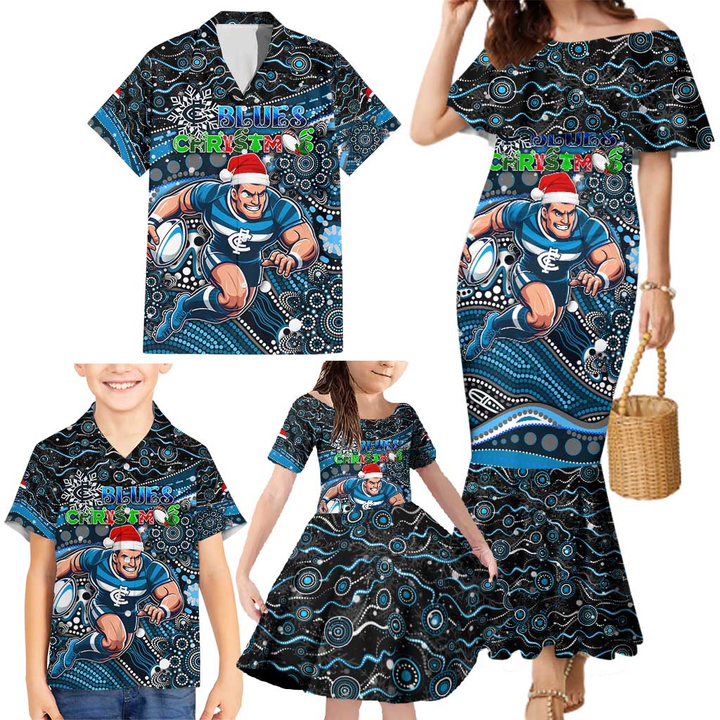 Merry Christmas AFL Carlton Blues Family Matching Mermaid Dress and Hawaiian Shirt Aboriginal Santa Football Mascot
