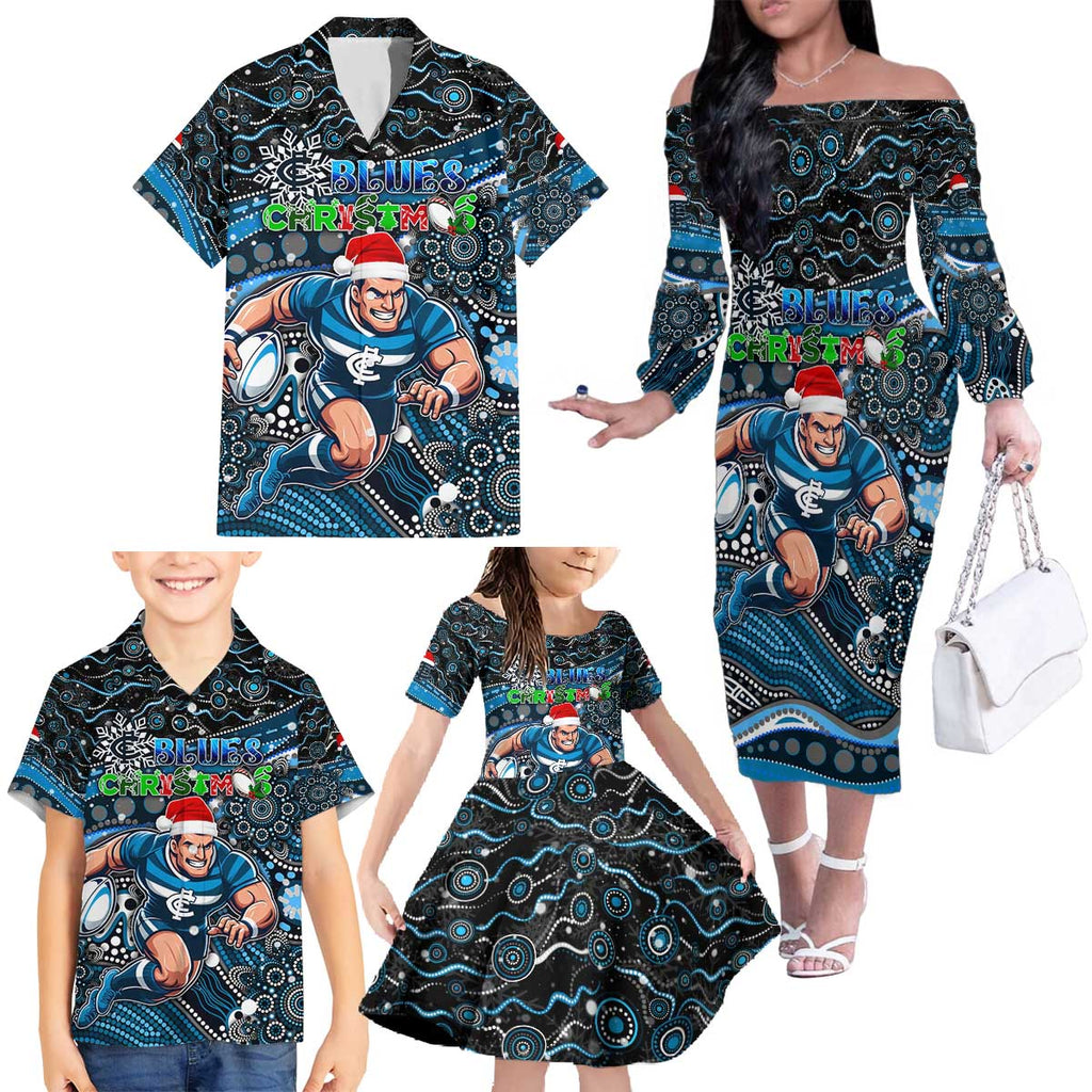 Merry Christmas AFL Carlton Blues Family Matching Off The Shoulder Long Sleeve Dress and Hawaiian Shirt Aboriginal Santa Football Mascot