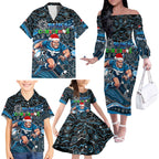 Merry Christmas AFL Carlton Blues Family Matching Off The Shoulder Long Sleeve Dress and Hawaiian Shirt Aboriginal Santa Football Mascot